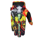 The FIST T-REX GLOVE is a bold MTB glove with a roaring T. rex blasting a green laser and "FIST" in big letters, set against a fiery yellow-orange background for an eye-catching motocross look.