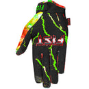 The FIST T-REX GLOVE is a bold MTB glove with a roaring T. rex blasting a green laser and "FIST" in big letters, set against a fiery yellow-orange background for an eye-catching motocross look.