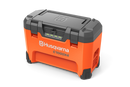 The Husqvarna 40-C1000X4 storage case features a sturdy lid, carrying handle, rugged corner protectors, and secure latches. With an orange and black design plus front logo, it’s ideal for your multi-bay battery charger.