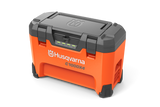 The Husqvarna 40-C1000X4 storage case features a sturdy lid, carrying handle, rugged corner protectors, and secure latches. With an orange and black design plus front logo, it’s ideal for your multi-bay battery charger.