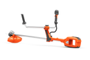 The Husqvarna 520iRX is an orange and silver battery-powered brush cutter with a loop handle, harness bar, protective guard, and brushless motor for professionals (supplied without battery and charger), shown on a black background.