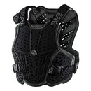 The Troy Lee Designs ROCKFIGHT CHEST PROTECTOR BLACK | YOUTH offers CE EN14021 impact protection with adjustable straps and ventilation holes, making it ideal for kids in sports or motocross. Shown against a white background.