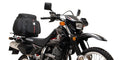The image displays the EVO-12 Bike-Pack Kit from Ventura, featuring a versatile black EVO-12 Pack, an adjustable EVO-Rack mounted on a Suzuki DR 650 SE (97 - >), and an L-Bracket with screws arranged below. Each component is clearly labeled with its name.