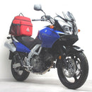 Image of an EVO-12 Bike-Pack Kit for the Suzuki DL 650 V-Strom (02-11) with a black pack featuring an orange stripe, Ventura's Adjustable Evo-Rack for mounting, and a generic L-bracket with screws, all labeled.