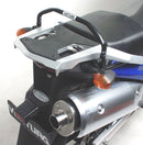 Image of an EVO-12 Bike-Pack Kit for the Suzuki DL 650 V-Strom (02-11) with a black pack featuring an orange stripe, Ventura's Adjustable Evo-Rack for mounting, and a generic L-bracket with screws, all labeled.