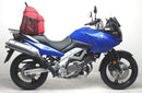 Image of an EVO-12 Bike-Pack Kit for the Suzuki DL 650 V-Strom (02-11) with a black pack featuring an orange stripe, Ventura's Adjustable Evo-Rack for mounting, and a generic L-bracket with screws, all labeled.