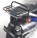 Image of an EVO-12 Bike-Pack Kit for the Suzuki DL 650 V-Strom (02-11) with a black pack featuring an orange stripe, Ventura's Adjustable Evo-Rack for mounting, and a generic L-bracket with screws, all labeled.