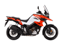 Ventura's EVO-12 Bike-Pack Kit image features a striking black EVO-12 pack with vibrant orange accents, an EVO-Rack gracefully fitted on a Suzuki DL 1050 V-Strom XT bike, and an L-Bracket with screws. The Adjustable Pack-Rack is designed to enhance your biking experience.
