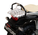 The image showcases the EVO-12 Bike-Pack Kit with a sleek black pack, zipper, and logo. It includes an adjustable Evo-Rack for easy attachment to the Suzuki DL 650 V-Storm and an L-bracket with mounting hardware—all labeled as a generic image from Ventura.