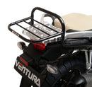 The image showcases the EVO-12 Bike-Pack Kit with a sleek black pack, zipper, and logo. It includes an adjustable Evo-Rack for easy attachment to the Suzuki DL 650 V-Storm and an L-bracket with mounting hardware—all labeled as a generic image from Ventura.