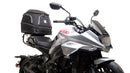 Ventura EVO-12 Bike-Pack Kit for Suzuki GSXS 1000S Katana (19->) includes a black EVO-12 pack, Evo-Rack mounted on a bike, and an L-Bracket with mounting hardware. Each item is clearly labeled for easy identification.