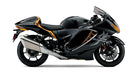 Image displaying a Ventura EVO-12 Bike-Pack Kit for Suzuki GSX 1300 R Hayabusa Gen III (21→), with a black EVO-12 pack, Evo-Rack Sport-Rack on the motorcycle, and labeled L-bracket with screws on a white background.