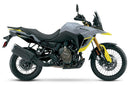 Collage of EVO-12 Bike-Pack Kit components by Ventura for Suzuki DL 800 DE V-Strom (23 - >). Includes black EVO-12 pack with orange stripe, Evo-Rack on the bike rear, L-Bracket with image label and screws. Consider the Top-Box Rack for extra storage on your adventures.