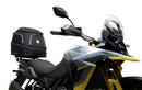 Collage of EVO-12 Bike-Pack Kit components by Ventura for Suzuki DL 800 DE V-Strom (23 - >). Includes black EVO-12 pack with orange stripe, Evo-Rack on the bike rear, L-Bracket with image label and screws. Consider the Top-Box Rack for extra storage on your adventures.