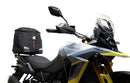 Collage of EVO-12 Bike-Pack Kit components by Ventura for Suzuki DL 800 DE V-Strom (23 - >). Includes black EVO-12 pack with orange stripe, Evo-Rack on the bike rear, L-Bracket with image label and screws. Consider the Top-Box Rack for extra storage on your adventures.