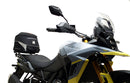 Collage of EVO-12 Bike-Pack Kit components by Ventura for Suzuki DL 800 DE V-Strom (23 - >). Includes black EVO-12 pack with orange stripe, Evo-Rack on the bike rear, L-Bracket with image label and screws. Consider the Top-Box Rack for extra storage on your adventures.