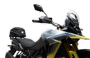 Collage of EVO-12 Bike-Pack Kit components by Ventura for Suzuki DL 800 DE V-Strom (23 - >). Includes black EVO-12 pack with orange stripe, Evo-Rack on the bike rear, L-Bracket with image label and screws. Consider the Top-Box Rack for extra storage on your adventures.