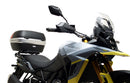 Collage of EVO-12 Bike-Pack Kit components by Ventura for Suzuki DL 800 DE V-Strom (23 - >). Includes black EVO-12 pack with orange stripe, Evo-Rack on the bike rear, L-Bracket with image label and screws. Consider the Top-Box Rack for extra storage on your adventures.