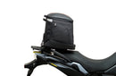 Collage of EVO-12 Bike-Pack Kit components by Ventura for Suzuki DL 800 DE V-Strom (23 - >). Includes black EVO-12 pack with orange stripe, Evo-Rack on the bike rear, L-Bracket with image label and screws. Consider the Top-Box Rack for extra storage on your adventures.