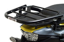 Collage of EVO-12 Bike-Pack Kit components by Ventura for Suzuki DL 800 DE V-Strom (23 - >). Includes black EVO-12 pack with orange stripe, Evo-Rack on the bike rear, L-Bracket with image label and screws. Consider the Top-Box Rack for extra storage on your adventures.