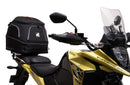 Image showing components of the Ventura EVO-12 Bike-Pack Kit for Suzuki V-Strom 250SX (23->): a black EVO-12 pack, Evo-Rack Adjustable Pack-Rack on a motorcycle, and labeled L-brackets with screws. Each item is individually labeled.