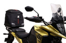 Image showing components of the Ventura EVO-12 Bike-Pack Kit for Suzuki V-Strom 250SX (23->): a black EVO-12 pack, Evo-Rack Adjustable Pack-Rack on a motorcycle, and labeled L-brackets with screws. Each item is individually labeled.