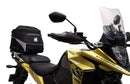 Image showing components of the Ventura EVO-12 Bike-Pack Kit for Suzuki V-Strom 250SX (23->): a black EVO-12 pack, Evo-Rack Adjustable Pack-Rack on a motorcycle, and labeled L-brackets with screws. Each item is individually labeled.