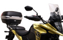 Image showing components of the Ventura EVO-12 Bike-Pack Kit for Suzuki V-Strom 250SX (23->): a black EVO-12 pack, Evo-Rack Adjustable Pack-Rack on a motorcycle, and labeled L-brackets with screws. Each item is individually labeled.