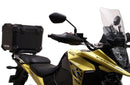 Image showing components of the Ventura EVO-12 Bike-Pack Kit for Suzuki V-Strom 250SX (23->): a black EVO-12 pack, Evo-Rack Adjustable Pack-Rack on a motorcycle, and labeled L-brackets with screws. Each item is individually labeled.