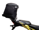 Image showing components of the Ventura EVO-12 Bike-Pack Kit for Suzuki V-Strom 250SX (23->): a black EVO-12 pack, Evo-Rack Adjustable Pack-Rack on a motorcycle, and labeled L-brackets with screws. Each item is individually labeled.