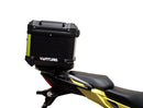 Image showing components of the Ventura EVO-12 Bike-Pack Kit for Suzuki V-Strom 250SX (23->): a black EVO-12 pack, Evo-Rack Adjustable Pack-Rack on a motorcycle, and labeled L-brackets with screws. Each item is individually labeled.