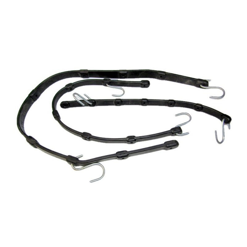 Three black ADJUSTABLE STRAPS 400MM LENGTH from ED'S AUTO are coiled alongside each other, featuring a flexible design with metal hooks on each end for optimal placement and tension adjustment. They're positioned on a plain white background.