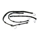 ED'S AUTO's ADJUSTABLE STRAPS 900MM LENGTH feature a curved arrangement with hooks on each end. These black straps are flexible and sturdy, with evenly spaced adjustment holes.