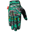 The DANIEL SANDOVAL - SANDMAN GLOVE by FIST features a bold green, black, and gray graphic with jagged shapes and teeth. "FIST" is printed in yellow on the fingers, plus a red "FIST" tag at the wrist.