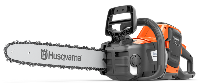 A close-up of the Husqvarna 240i with battery and charger, showcasing a silver blade with logo, black handle, orange casing, visible controls, safety features, and powered by the Husqvarna BLi-X 36V system.