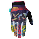 The FIST SHAPES BREEZER HOT WEATHER GLOVE features a retro neon geometric design with a sunset and wavy pink, yellow, blue, and purple lines on black, plus a turquoise "FIST" tag—ideal MTB gloves for vibrant style and hot weather rides.