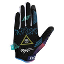 The FIST SHAPES BREEZER HOT WEATHER GLOVE features a retro neon geometric design with a sunset and wavy pink, yellow, blue, and purple lines on black, plus a turquoise "FIST" tag—ideal MTB gloves for vibrant style and hot weather rides.