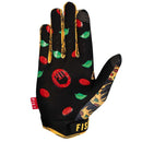 The FIST SLICE OF HEAVEN GLOVE features a vibrant pattern of melting pepperoni and veggie pizza slices, with "FIST" boldly printed in white across the knuckles—a fun choice for BMX glove fans.