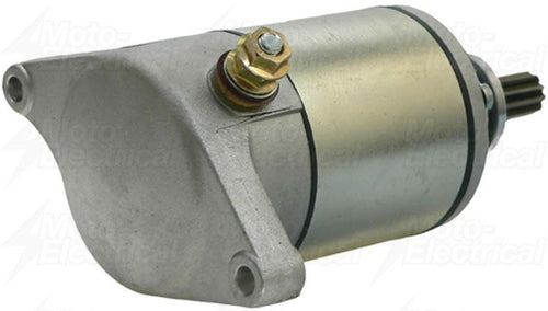 Introducing the Vertex Starter Motor for Suzuki LT A400 (08-10), LT A400F (02-07), and LT F400 (02-10)—a high-quality starter motor featuring a sleek silver and metallic gold cylindrical body, engineered to precise O.E.M. specifications. It includes two bolt holes on a grey mounting flange with brass-colored electrical connections on top. The plain background accentuates the rotating electrical parts of this premium starter motor.
