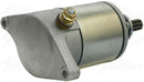 Introducing the Vertex Starter Motor for Suzuki LT A400 (08-10), LT A400F (02-07), and LT F400 (02-10)—a high-quality starter motor featuring a sleek silver and metallic gold cylindrical body, engineered to precise O.E.M. specifications. It includes two bolt holes on a grey mounting flange with brass-colored electrical connections on top. The plain background accentuates the rotating electrical parts of this premium starter motor.