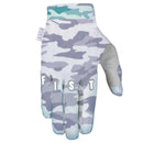 The SNOW CAMO BREEZER GLOVE by FIST is a lightweight mesh glove in blue and gray camo, featuring "FIST" printed across the knuckles and a branded fabric tab—perfect for motocross.