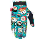 The FIST SAYA SAKAKIBARA SUSHI POWER GLOVE features colorful cartoon sushi, fish, and wasabi on a blue background, a black cuff, a red "FIST" tag, and "FIST" printed in white across the fingers.