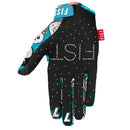 The FIST SAYA SAKAKIBARA SUSHI POWER GLOVE features colorful cartoon sushi, fish, and wasabi on a blue background, a black cuff, a red "FIST" tag, and "FIST" printed in white across the fingers.