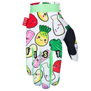 The FIST INDY CARMODY - SWEET TREATS GLOVE features playful cartoon fruits and veggies with smiling faces on a white background, green cuffs, and black thumb material—perfect for adding fun to any MTB ride.