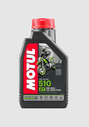 A black plastic bottle of Motul 510 2T 1L with a red cap, containing 1 liter (1.05 US quarts). The label features a green and black motorcycle and branding text in red, white, and green—perfect for high rpm 2 stroke bike engines.