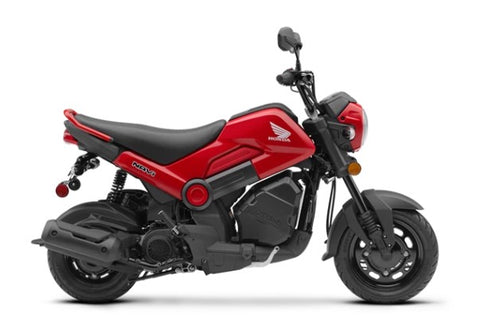 The Honda NAVi NVA110, by Honda, is a vibrant red mini motorcycle that emphasizes urban mobility with its compact design. It features a sleek black seat and the iconic Honda logo prominently displayed on its fuel tank. Equipped with thick black wheels and a short exhaust, this model expertly combines elements of a scooter and motorcycle to create an efficient ride ideal for city streets.