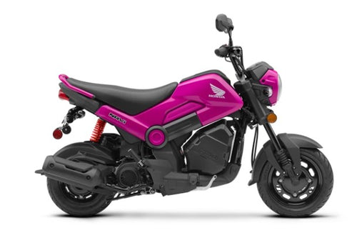 The Honda NAVi NVA110, by Honda, is a vibrant red mini motorcycle that emphasizes urban mobility with its compact design. It features a sleek black seat and the iconic Honda logo prominently displayed on its fuel tank. Equipped with thick black wheels and a short exhaust, this model expertly combines elements of a scooter and motorcycle to create an efficient ride ideal for city streets.