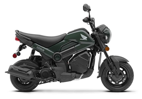 The Honda NAVi NVA110, by Honda, is a vibrant red mini motorcycle that emphasizes urban mobility with its compact design. It features a sleek black seat and the iconic Honda logo prominently displayed on its fuel tank. Equipped with thick black wheels and a short exhaust, this model expertly combines elements of a scooter and motorcycle to create an efficient ride ideal for city streets.