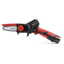 Introducing the Blue Bird Battery Pruner by Blue Bird, a handheld cordless electric pruner featuring a black and red body. This pruner comes equipped with a small, partially covered blade, an ergonomic non-slip handle, a red dial for adjusting the chain tension, and a cylindrical Lithium battery located at the end of the handle. The word "Blue Bird" is prominently displayed on the blade cover.
