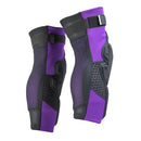 The EVS Sports SLAYCO96 Knee Guard | Purple features black and purple padded CE Level 2 knee and shin protection with white graphics and logos, shown upright side by side for top motocross safety.